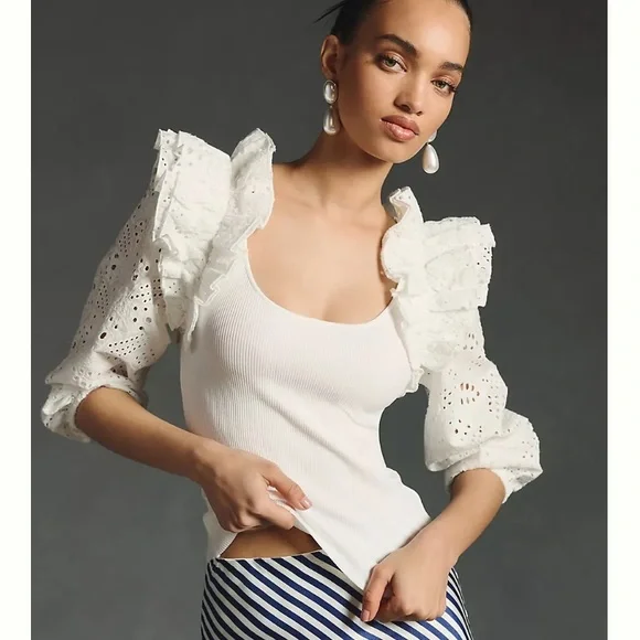 NWT Dolan Left Coast White Eyelet Ruffle Sleeve Sweater Blouse. Size S. Anthro. - Picture 6 of 10